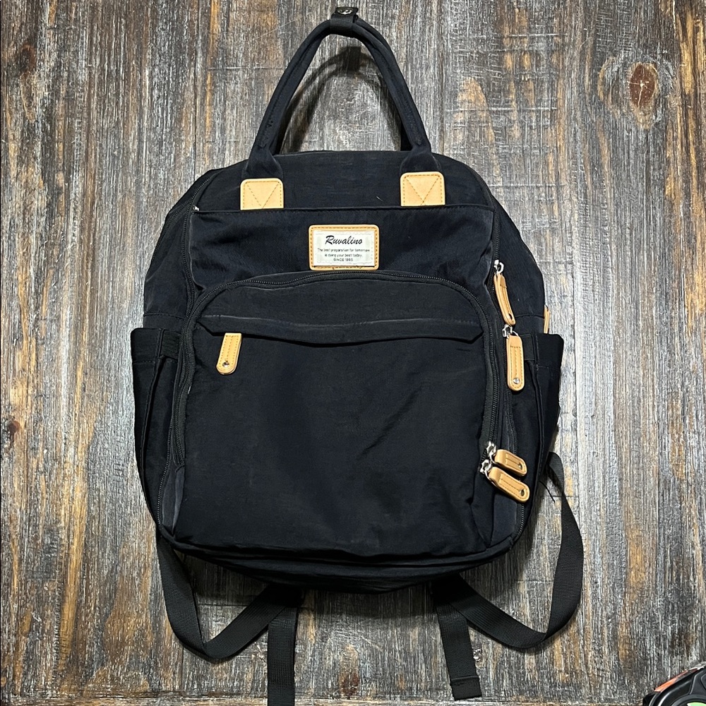 Black Diaper Bag with 16 pockets and Tan Accents